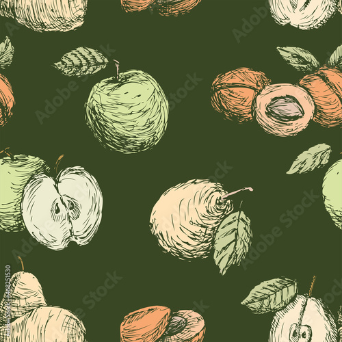 Seamless pattern of drawn apples,pears and peaches