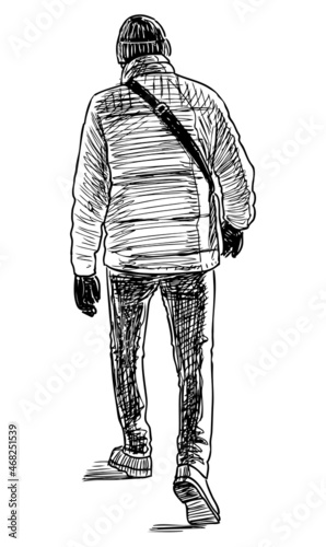 Sketch of casual city man walking outdoors alone
