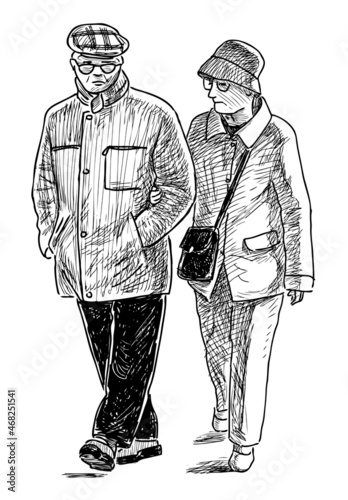 Sketch of elderly spouses walking outdoors together