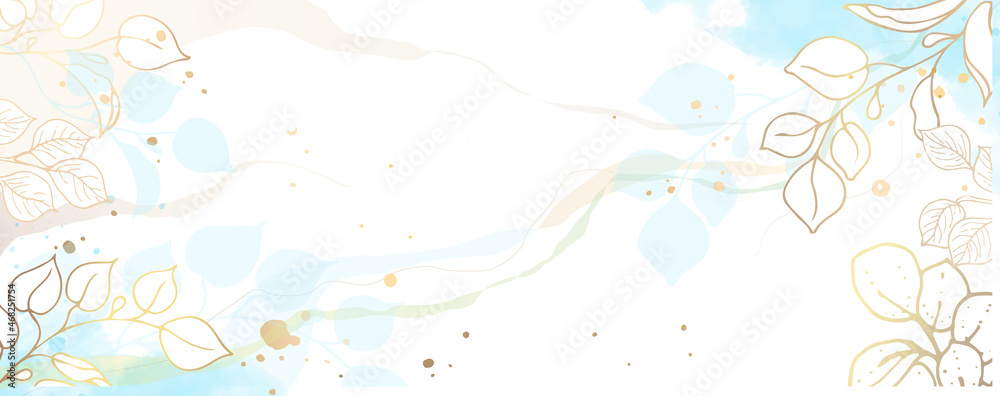Luxurious golden wallpaper. White background and blue watercolor stains. Golden leaves and flowers with a shiny light texture. Modern art mural wallpaper. Vector illustration.