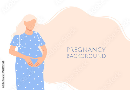 Flat pregnancy background with text space. Caucasian expectant woman touching her pregnant belly. Beautiful mother with long hair. Female parent waiting for baby birth. Character vector illustration.