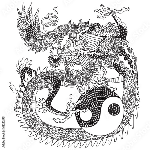 East Asia dragon and Yin Yang symbol. Traditional Chinese mythological creature. One of celestial feng shui animals. Graphic style vector illustration. Black and white 