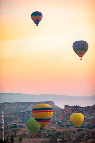 Bright hot air balloons in sky of Cappadocia, Turkey