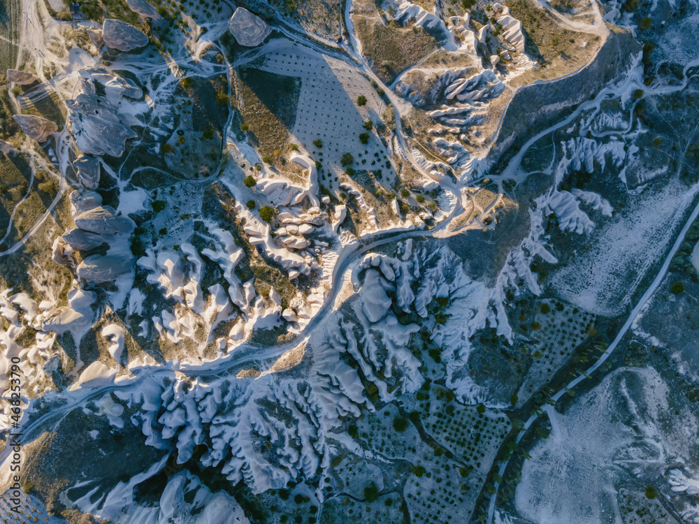 Obraz premium Cappadocia landscape in Cappadocia travel, aerial top view. Adventure in Turkey tourist destination Cappadocia valley