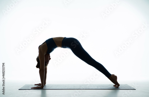 Woman training practice yoga asana perform facing dog pose, fit female do sports for wellness. Healthy lifestyle concept