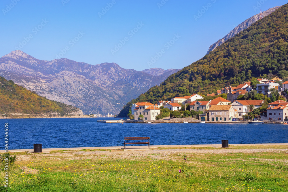  Coast of bay. Beautiful Mediterranean landscape on sunny autumn day. Montenegro, Adriatic Sea. View of Kotor Bay and Lepetane village ( Tivat )
