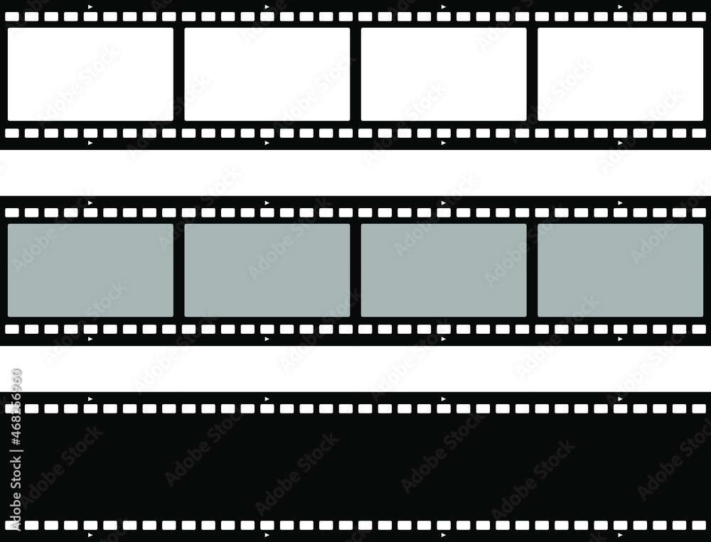 Film strips collection. Old retro cinema movie strip set. Video recording. Vector illustration isolated on background.