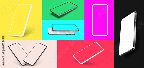 White smartphone display screen in the rotated position on different fashionable and modern backgrounds. Communication mean, modern gadget model presentation. Vector illustration