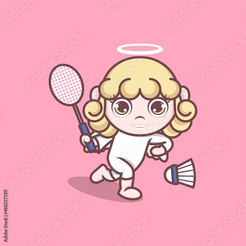 cute cartoon angel playing badminton. vector illustration for mascot logo or sticker