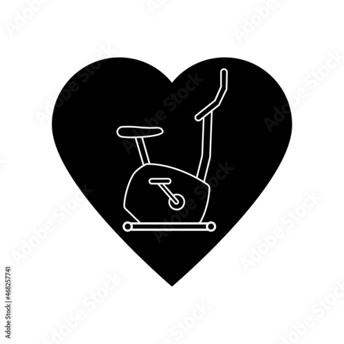 Stationary bike line icon with heart. Health, sport and equipment, exercise bicycle sign. Linear outline vector illustration and clipart on a white background.