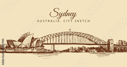 Sketch of a Sydney Opera Theatre and bridge, hand-drawn.	