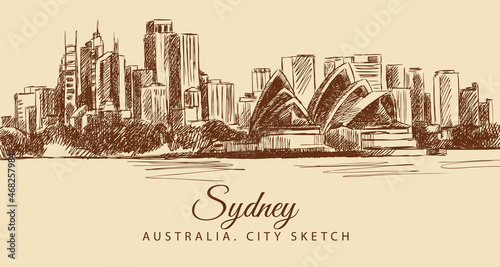 Sketch of a Sydney Opera Theatre and skyscrapers, hand-drawn.	