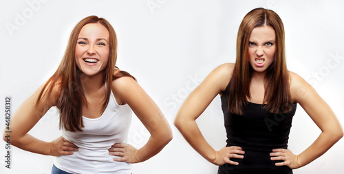 two moods. angry girl and happy girl standing side by side photo