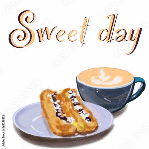oh,coffee,sweet day,oh,sweets,eclair,cup with coffee drink,lettering,sugar stickers,coffee spoon,wooden stand for coffee cups and coffee spoons and sugar stickers