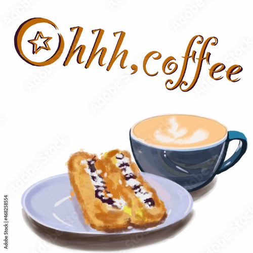 oh,coffee,sweet day,oh,sweets,eclair,cup with coffee drink,lettering,sugar stickers,coffee spoon,wooden stand for coffee cups and coffee spoons and sugar stickers