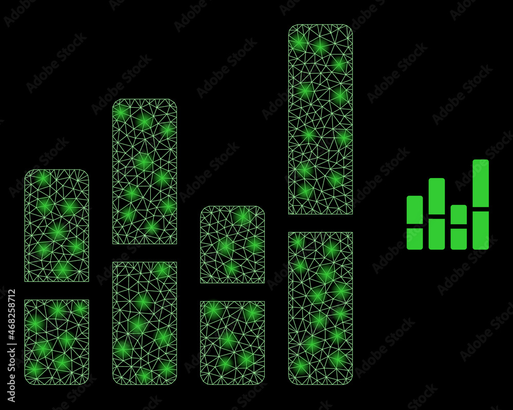 Glossy polygonal mesh net bar chart icon with glow effect on a black background. Wire frame bar chart iconic vector with glamour points in vibrant colors. Glossy polygonal mesh net bar chart icon with glow effect on a black background. Wire frame bar chart iconic vector with glamour points in vibrant colors.