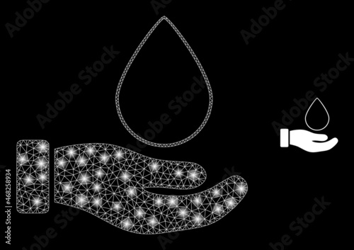 Glossy polygonal mesh net blood donation hand icon with glitter effect on a black background. Network blood donation hand iconic vector with glowing points in vibrant colors.