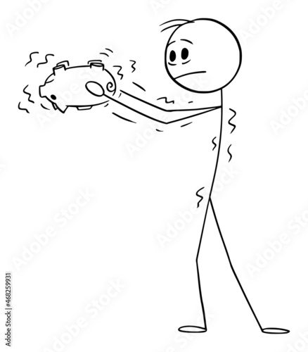 Person Shaking Empty Piggy Bank, No Money, Vector Cartoon Stick Figure Illustration