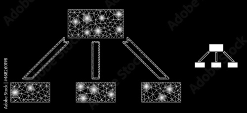 Glossy polygonal mesh net hierarchy links icon with glitter effect on a black background. Network hierarchy links iconic vector with glamour spheres in magic colors.