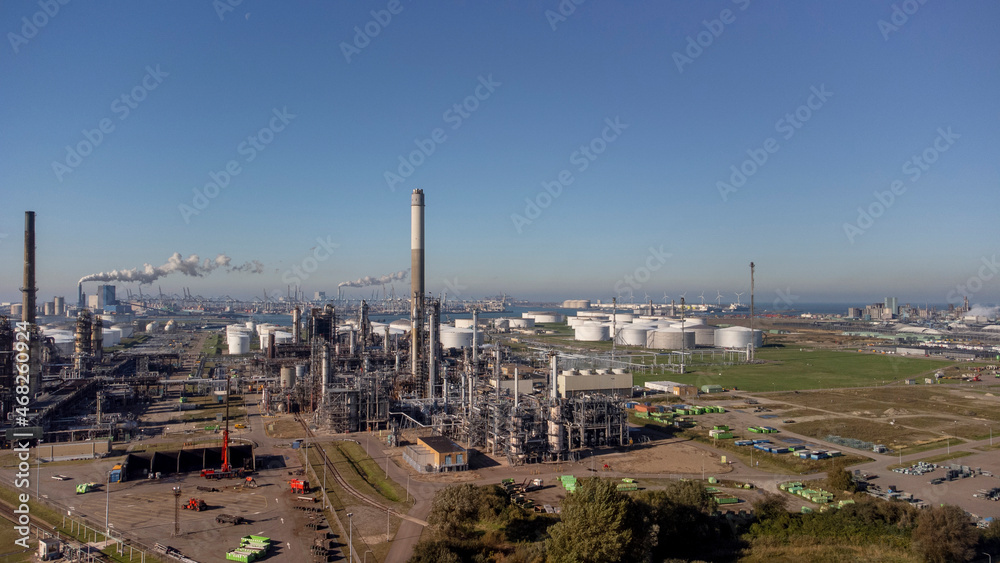 Aerial view of an industrial area with a chemical plant, the Netherlands