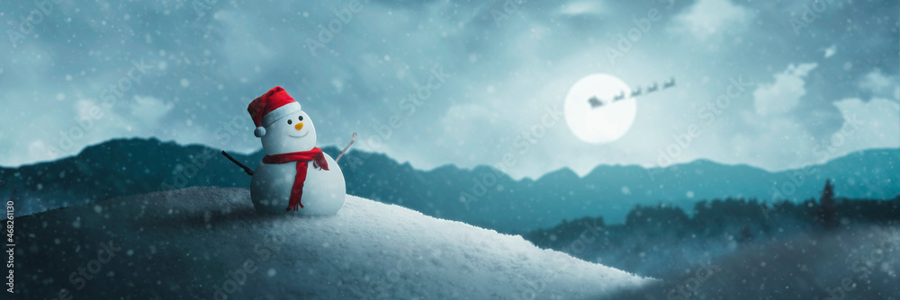Concept - happy snowman with Santa hat in the north pole snow on a beautiful Christmas night - obrazy, fototapety, plakaty 
