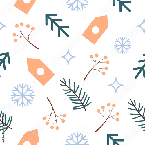 Seamless Pattern with abstract trees, branches, houses, snowflakes, berries. Vector white background with in a simple style. Perfect for wrapping paper, scrupbooking, napkins for decoupage photo