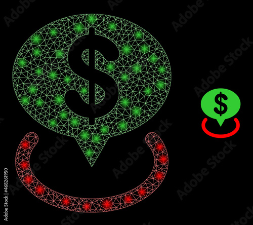 Glossy polygonal mesh net dollar placement icon with glow effect on a black background. Constellation dollar placement iconic vector with illuminated points in stardust colors.