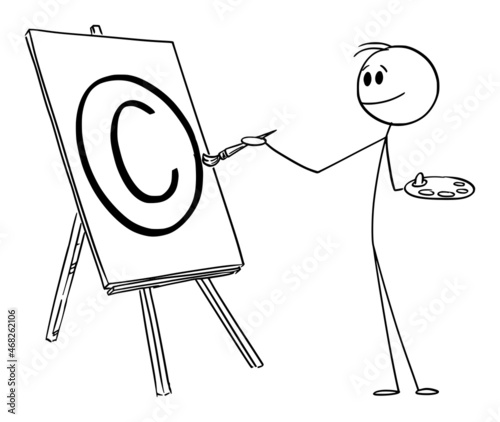 Painter with Brush Creating Copyright Protection Symbol, Vector Cartoon Stick Figure Illustration
