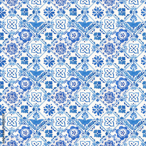 Watercolor blue seamless pattern, dutch ornament. Mexican patchwork. Old fashion hand-drawn rustic floral motifs. Stylized flowers on a background in cells. Pattern for wallpaper, fabric, packaging.