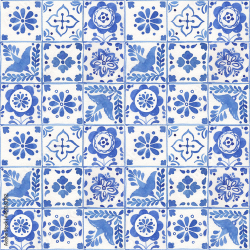 Watercolor blue style porcelain seamless pattern, dutch ceramic tiling ornament. Old fashion hand-drawn rustic floral motifs. Stylized flowers on a background in cells.