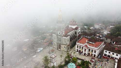 Aerial view of  San Francisco de Asis church in Cuetzalan Puebla Mexico