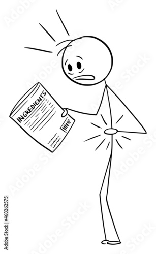 Person with Belly or Stomach Pain Reading Ingredients List on Food Package, Vector Cartoon Stick Figure Illustration