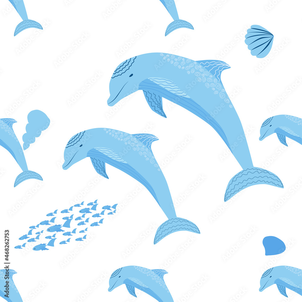 Obraz premium Dolphin, sea inhabitants seamless pattern, beautiful character among seashells, algae, starfish, marine wildlife