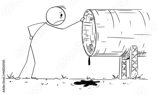 Person Inspecting Dry Crude Oil Pipeline, No Oil for Customers, Vector Cartoon Stick Figure Illustration