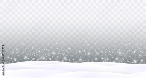 Falling snowflakes, snowdrifts isolated on transparent background. Snowfall and snow drifts seamless border. Vector Christmas or New Year blizzard texture banner