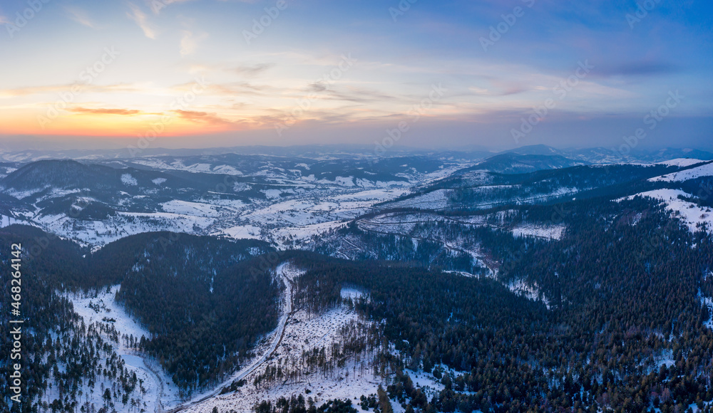 Aerial view of the mystical landscape of a winter