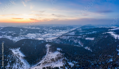 Aerial view of the mystical landscape of a winter