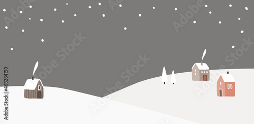 Winter landscape. Hills with cute houses, smoking chimneys. White trees and hills. Falling snow, dark night sky. Festive, holiday banner. Empty copy space. Flat design. Vector illustration background.