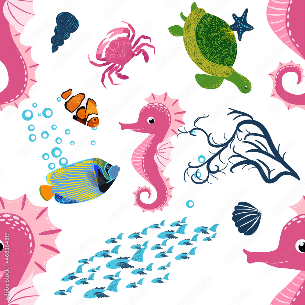 Seahorse, sea inhabitants seamless pattern, beautiful character among seashells, seaweed, starfish, marine