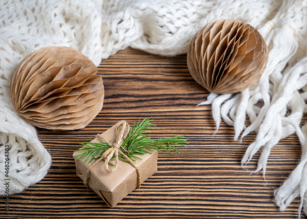 Packed Christmas gift box with natural Christmas decor, balloons and a Christmas tree. Zero waste. Packed Christmas gift box with natural Christmas decor, balloons and a Christmas tree. Zero waste.
