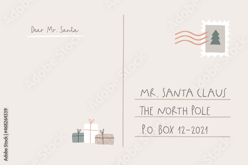 Santas letter template with empty copy space and gift boxes. Christmas wish list. Hand written holiday postacrd to North Pole. Vector illustration background. Winter mail concept. Vintage flat design