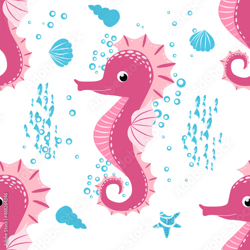 Seahorse, sea inhabitants seamless pattern, beautiful character among seashells, seaweed, starfish, marine