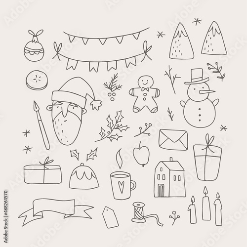 Set of hand drawn Christmas doodles. Santa, snowman, gingerbread cookie. Winter decorations, christmas ornaments, balls, bunting flags. Isolated food and drink vector objects. Festive graphic elements