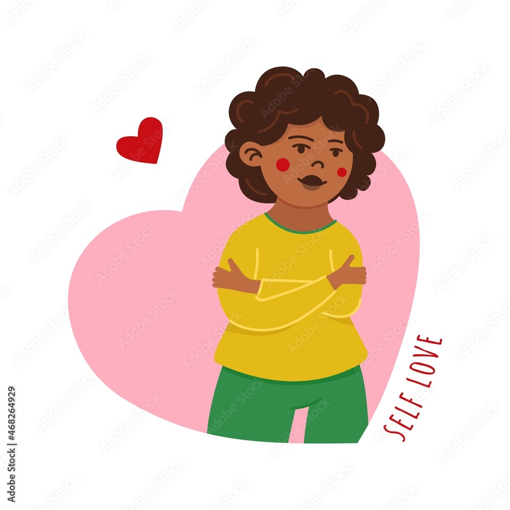 self love black woman vector illustration. Smiling woman hug herself in heart shape. Body care and self love design concept design self love black woman vector illustration. Smiling woman hug herself in heart shape. Body care and self love design concept design
