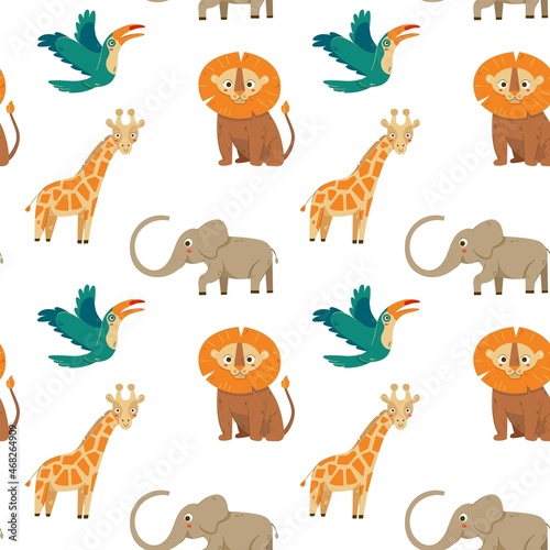 Cute jungle animals seamless pattern on white background with geraffe  elephant and lion