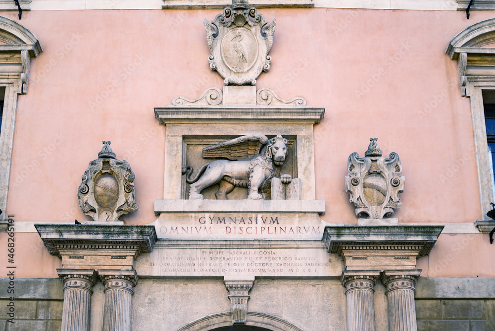 Padova University, The facade of the Bo Palace with Venetian symbol Padova University, The facade of the Bo Palace with Venetian symbol