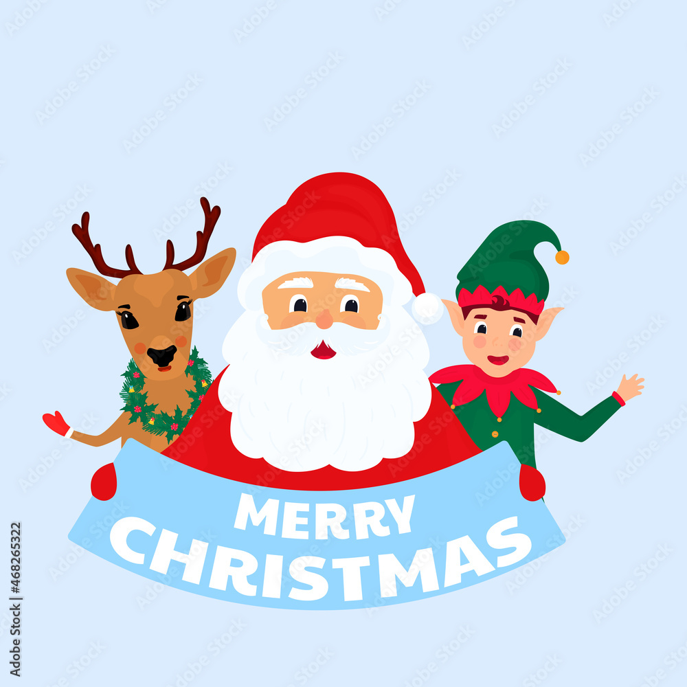 Elf, Santa Claus and deer. Greeting card for New Year and Christmas Elf, Santa Claus and deer. Greeting card for New Year and Christmas