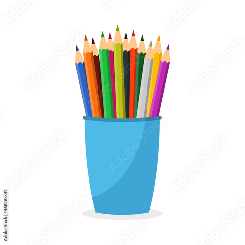Plastic cup with a set of colored pencils isolated on white background.
