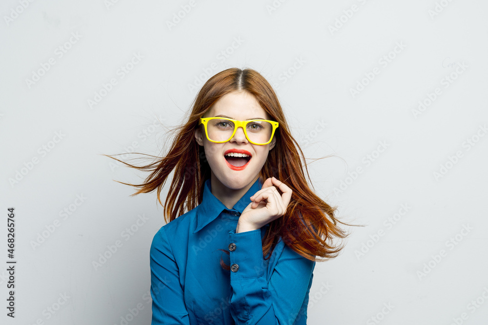 woman wearing yellow glasses red lips home fashion elegant style woman wearing yellow glasses red lips home fashion elegant style