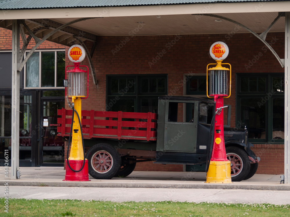 Old timey gas station at the Huntsville railway museum. Stock Photo